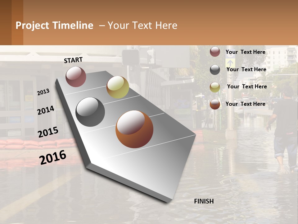 A Man Walking Down A Flooded Street Past A Building PowerPoint Template