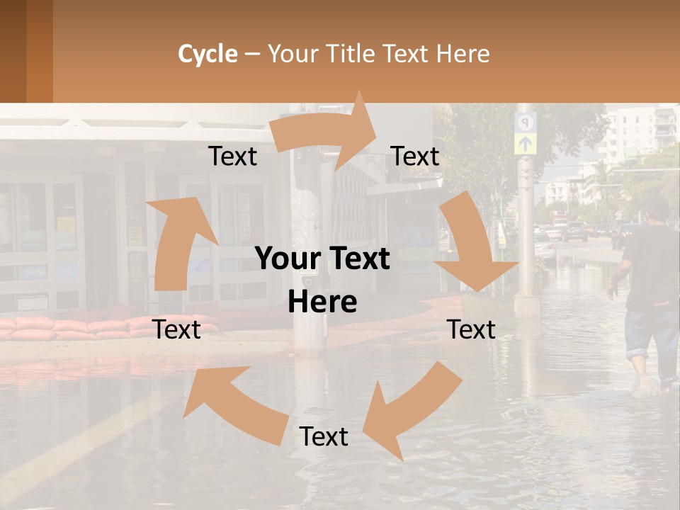 A Man Walking Down A Flooded Street Past A Building PowerPoint Template
