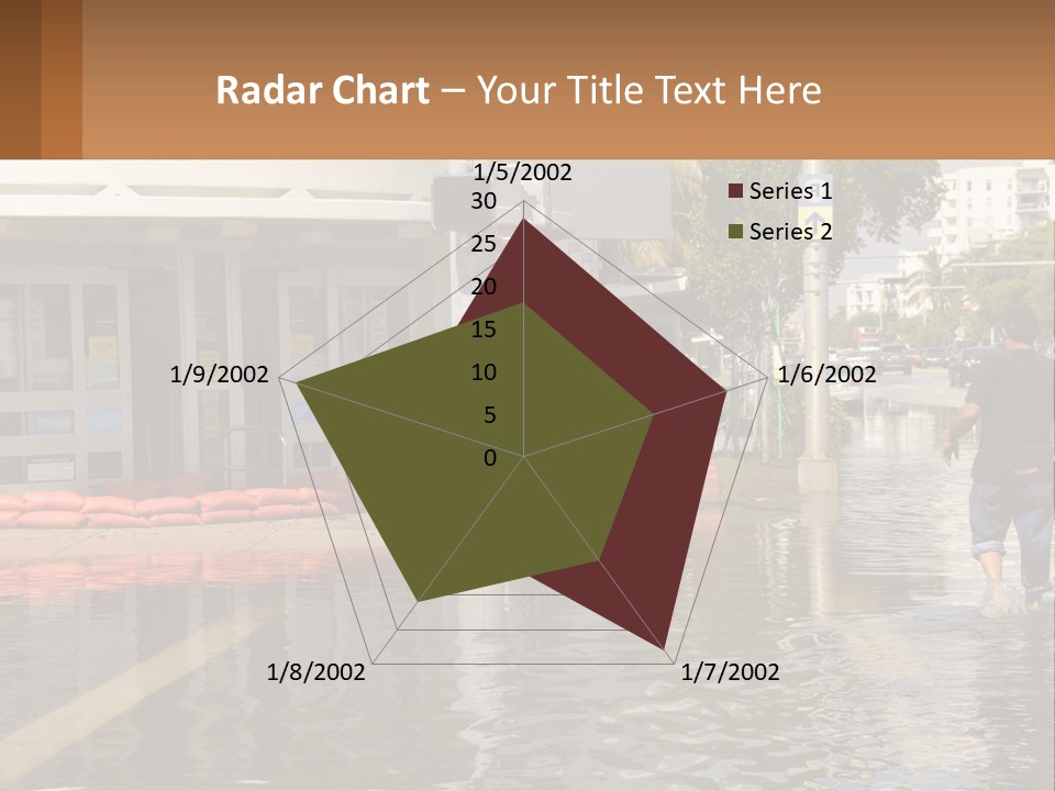 A Man Walking Down A Flooded Street Past A Building PowerPoint Template
