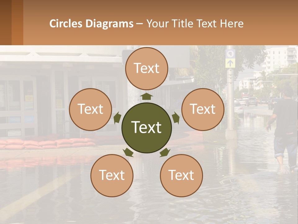 A Man Walking Down A Flooded Street Past A Building PowerPoint Template