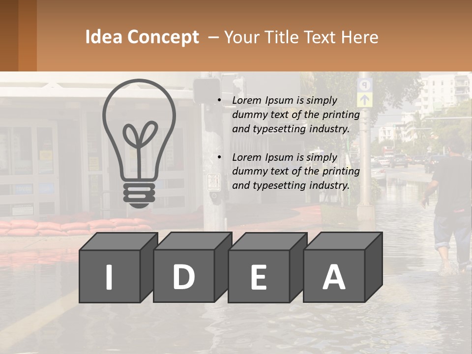 A Man Walking Down A Flooded Street Past A Building PowerPoint Template