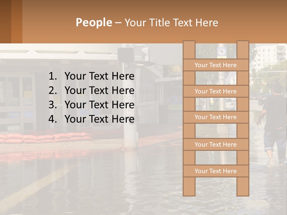 A Man Walking Down A Flooded Street Past A Building PowerPoint Template