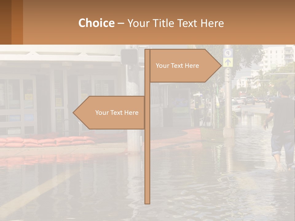 A Man Walking Down A Flooded Street Past A Building PowerPoint Template