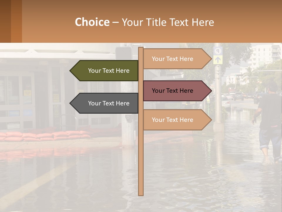 A Man Walking Down A Flooded Street Past A Building PowerPoint Template