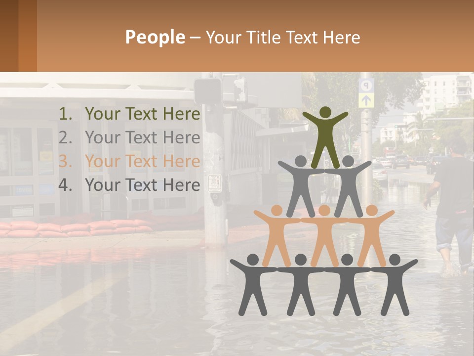 A Man Walking Down A Flooded Street Past A Building PowerPoint Template