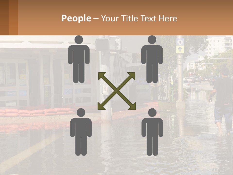 A Man Walking Down A Flooded Street Past A Building PowerPoint Template
