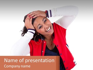 A Woman In A Red Jacket Is Smiling PowerPoint Template