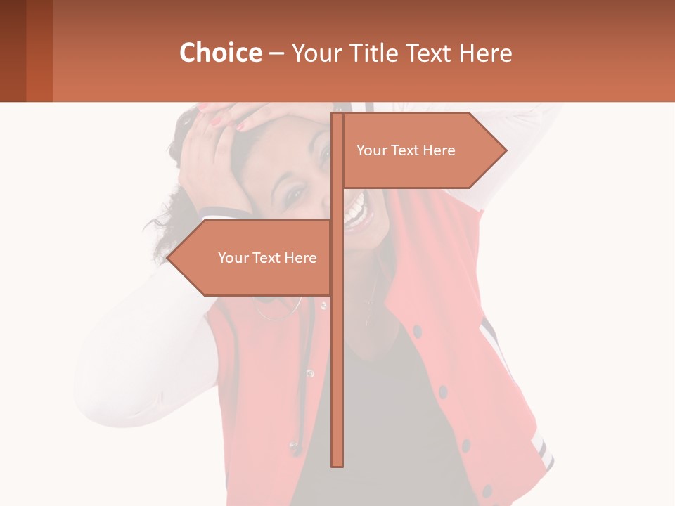 A Woman In A Red Jacket Is Smiling PowerPoint Template