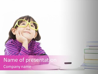 A Little Girl Sitting At A Table With A Pile Of Books In Front Of Her PowerPoint Template