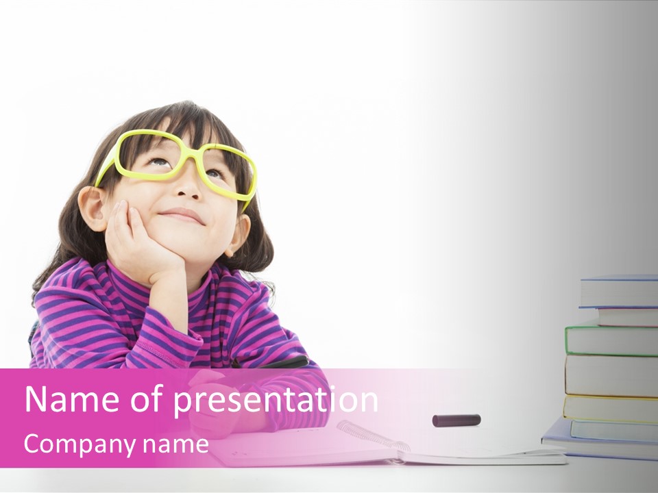 A Little Girl Sitting At A Table With A Pile Of Books In Front Of Her PowerPoint Template