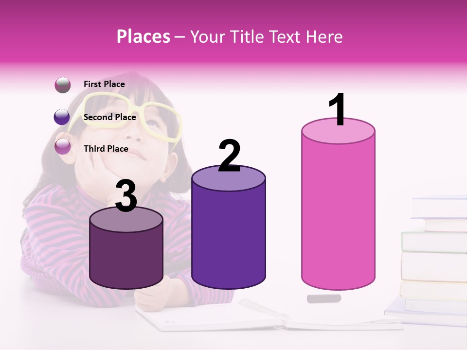 A Little Girl Sitting At A Table With A Pile Of Books In Front Of Her PowerPoint Template