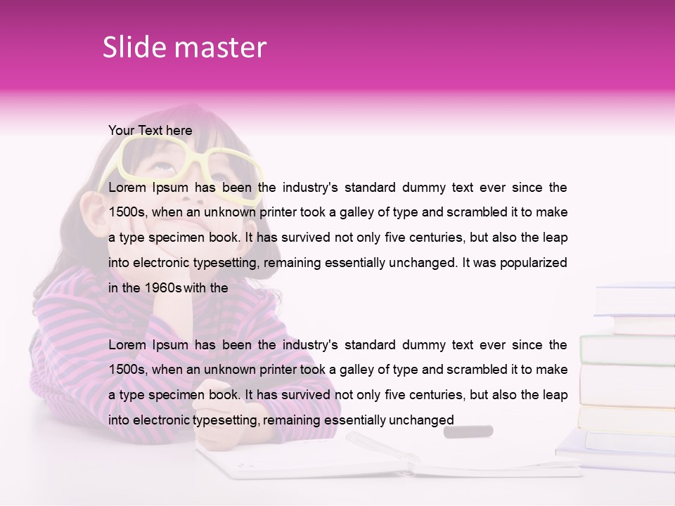 A Little Girl Sitting At A Table With A Pile Of Books In Front Of Her PowerPoint Template