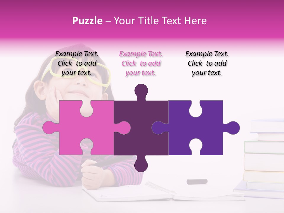 A Little Girl Sitting At A Table With A Pile Of Books In Front Of Her PowerPoint Template