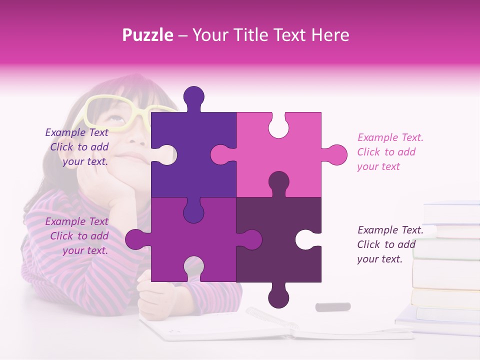 A Little Girl Sitting At A Table With A Pile Of Books In Front Of Her PowerPoint Template