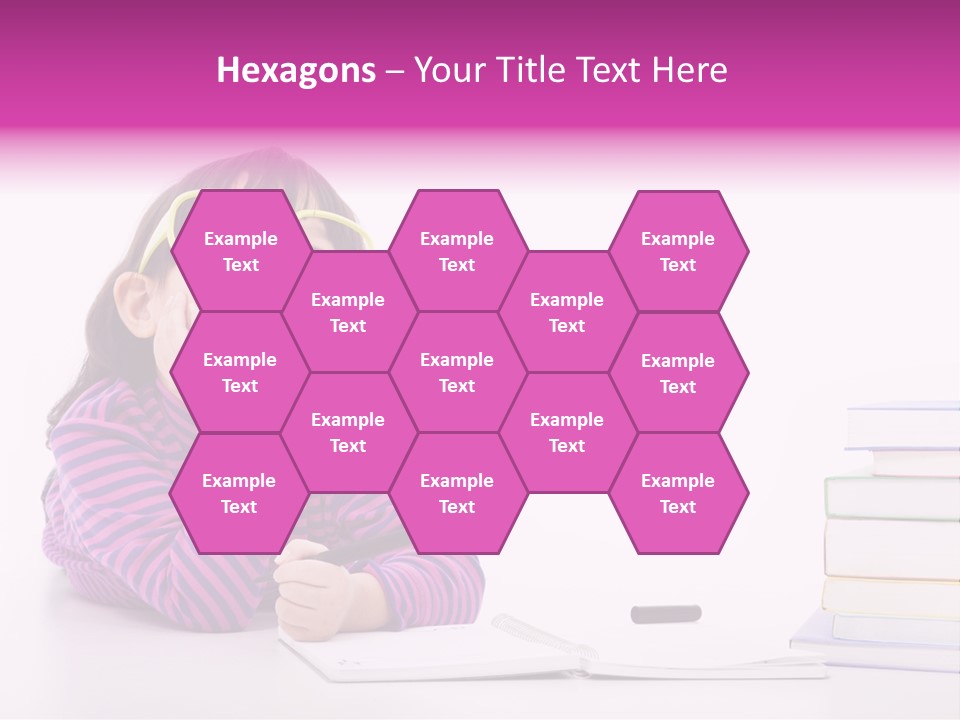 A Little Girl Sitting At A Table With A Pile Of Books In Front Of Her PowerPoint Template