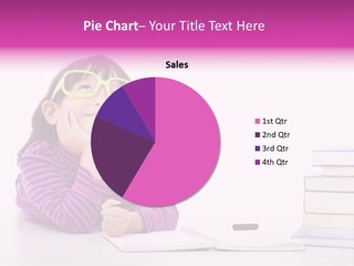 A Little Girl Sitting At A Table With A Pile Of Books In Front Of Her PowerPoint Template
