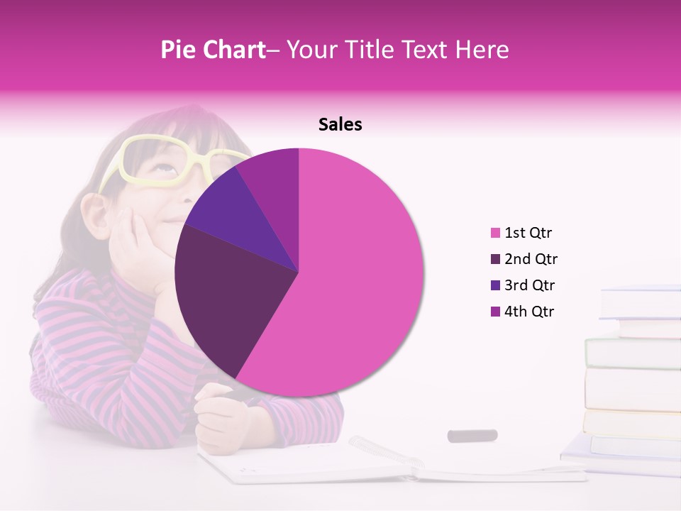 A Little Girl Sitting At A Table With A Pile Of Books In Front Of Her PowerPoint Template
