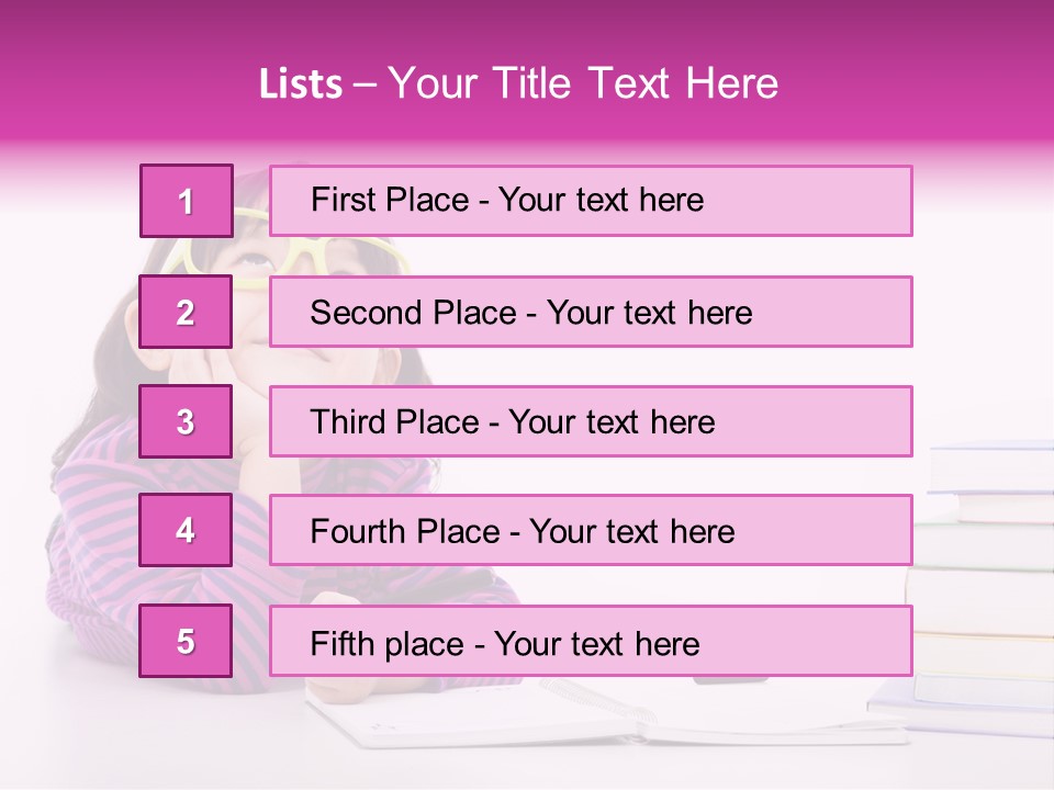 A Little Girl Sitting At A Table With A Pile Of Books In Front Of Her PowerPoint Template