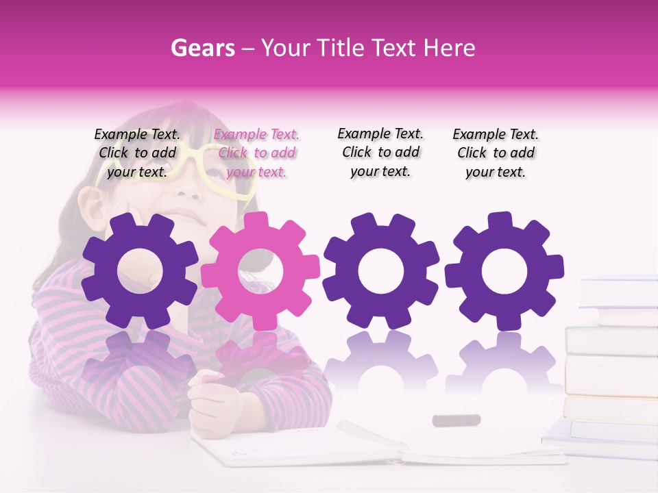 A Little Girl Sitting At A Table With A Pile Of Books In Front Of Her PowerPoint Template