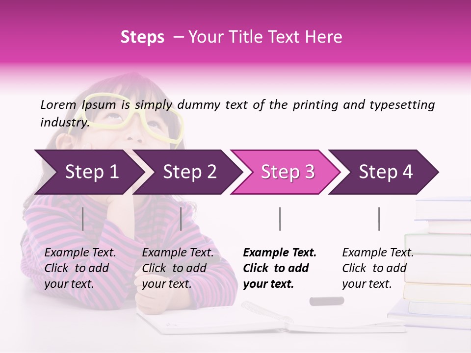 A Little Girl Sitting At A Table With A Pile Of Books In Front Of Her PowerPoint Template