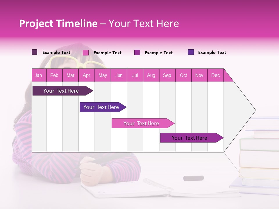 A Little Girl Sitting At A Table With A Pile Of Books In Front Of Her PowerPoint Template