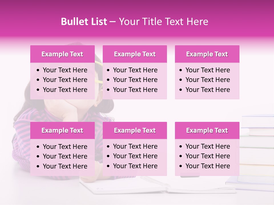 A Little Girl Sitting At A Table With A Pile Of Books In Front Of Her PowerPoint Template