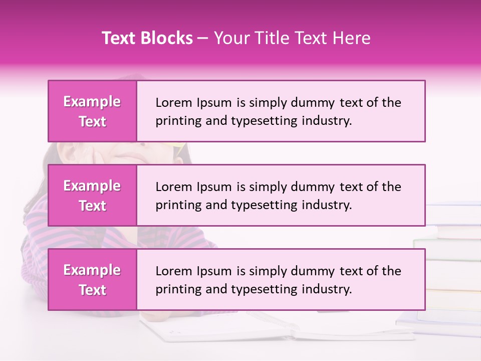 A Little Girl Sitting At A Table With A Pile Of Books In Front Of Her PowerPoint Template