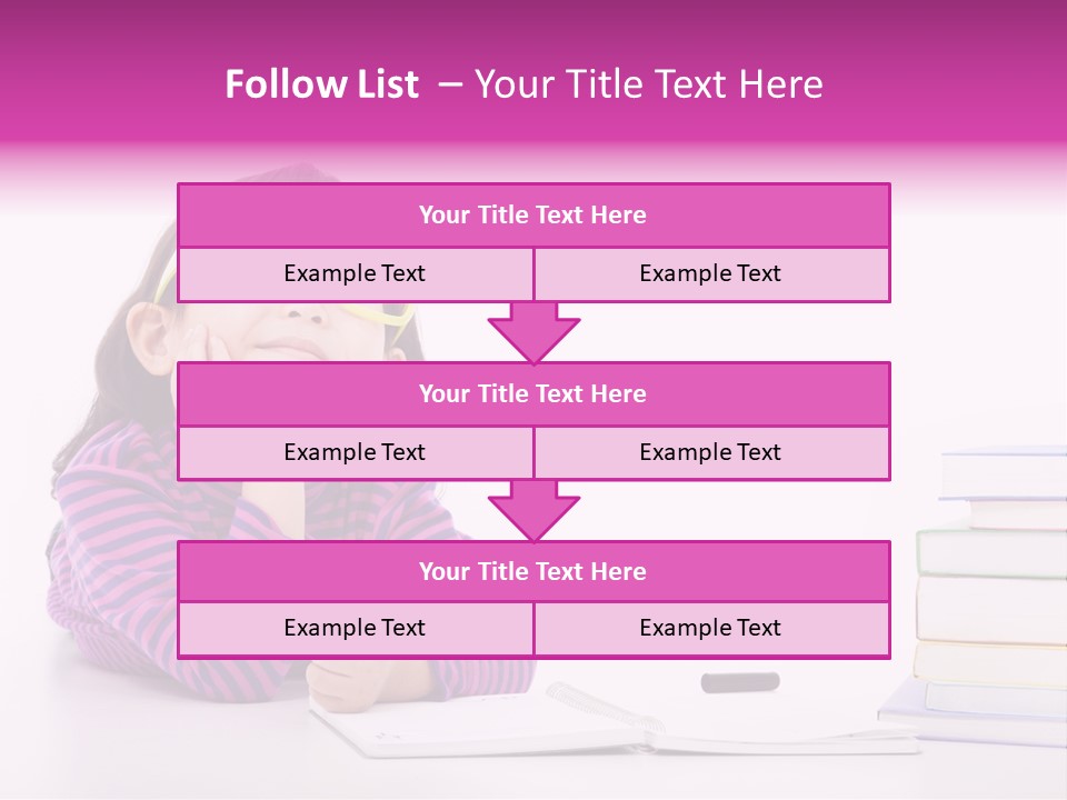 A Little Girl Sitting At A Table With A Pile Of Books In Front Of Her PowerPoint Template