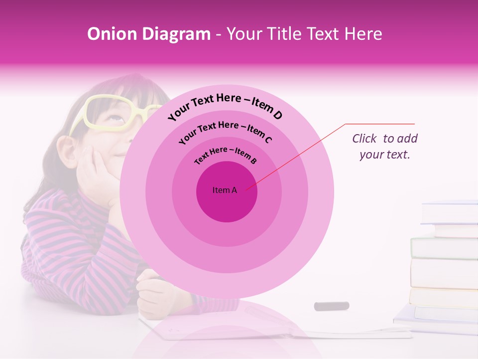 A Little Girl Sitting At A Table With A Pile Of Books In Front Of Her PowerPoint Template