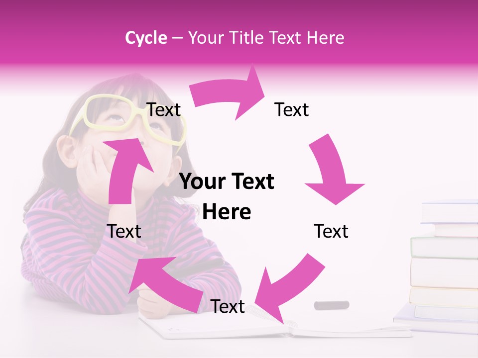 A Little Girl Sitting At A Table With A Pile Of Books In Front Of Her PowerPoint Template