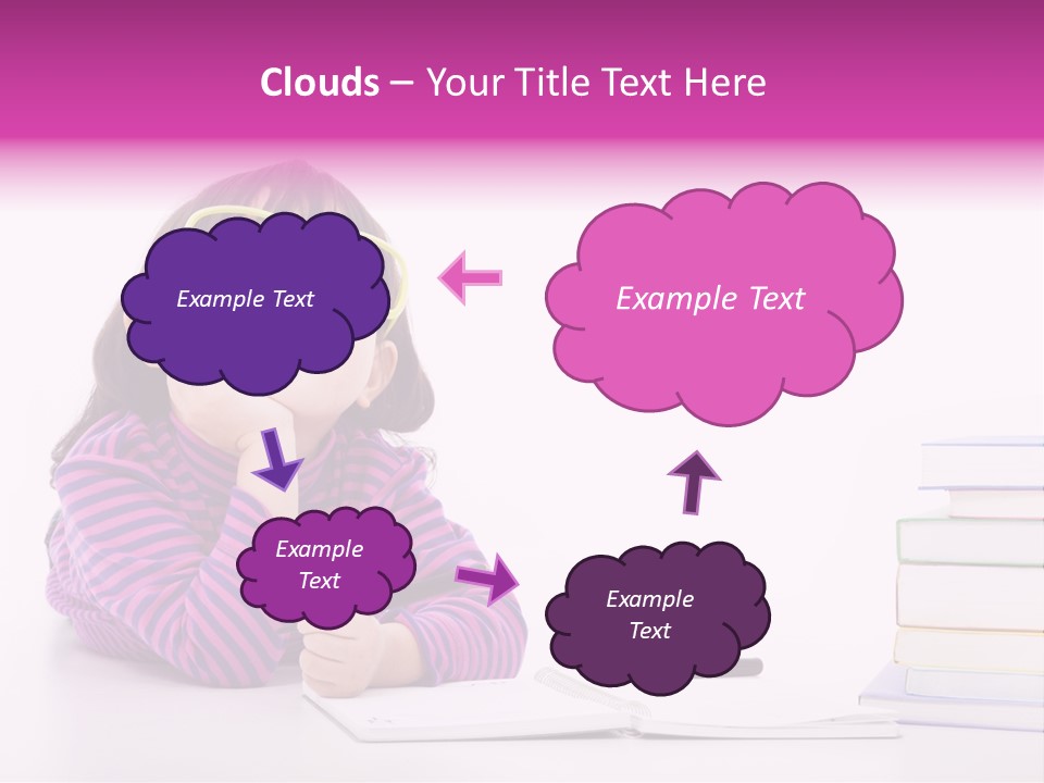 A Little Girl Sitting At A Table With A Pile Of Books In Front Of Her PowerPoint Template