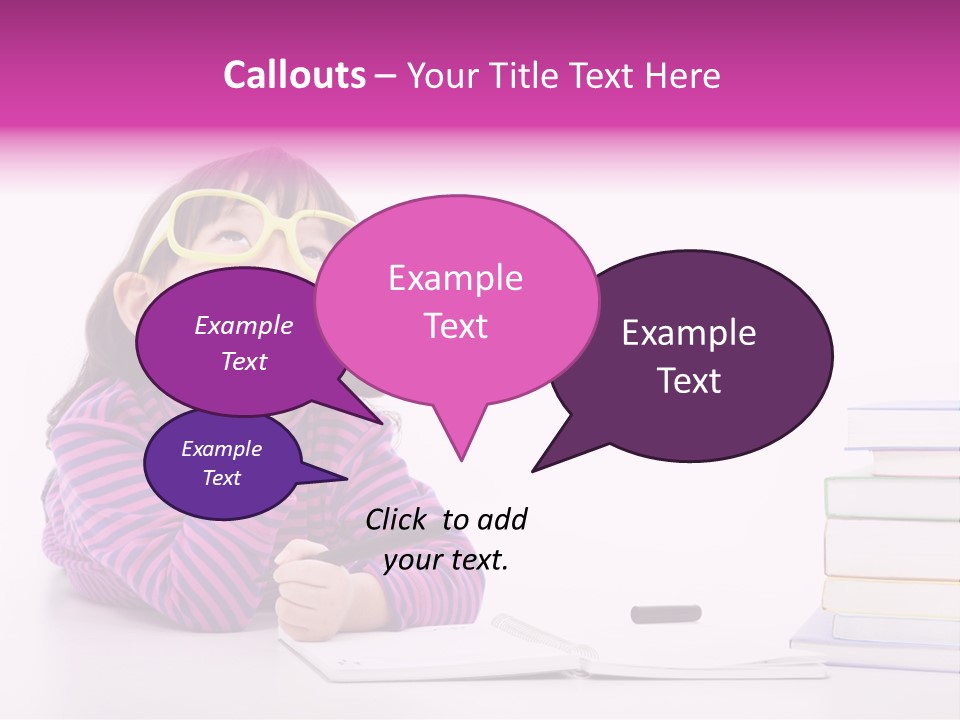 A Little Girl Sitting At A Table With A Pile Of Books In Front Of Her PowerPoint Template