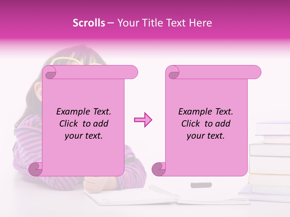 A Little Girl Sitting At A Table With A Pile Of Books In Front Of Her PowerPoint Template