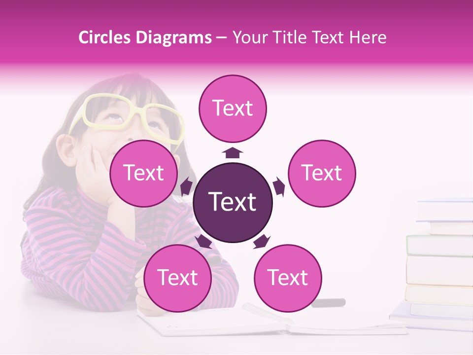 A Little Girl Sitting At A Table With A Pile Of Books In Front Of Her PowerPoint Template