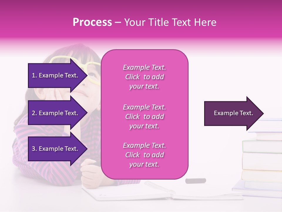 A Little Girl Sitting At A Table With A Pile Of Books In Front Of Her PowerPoint Template