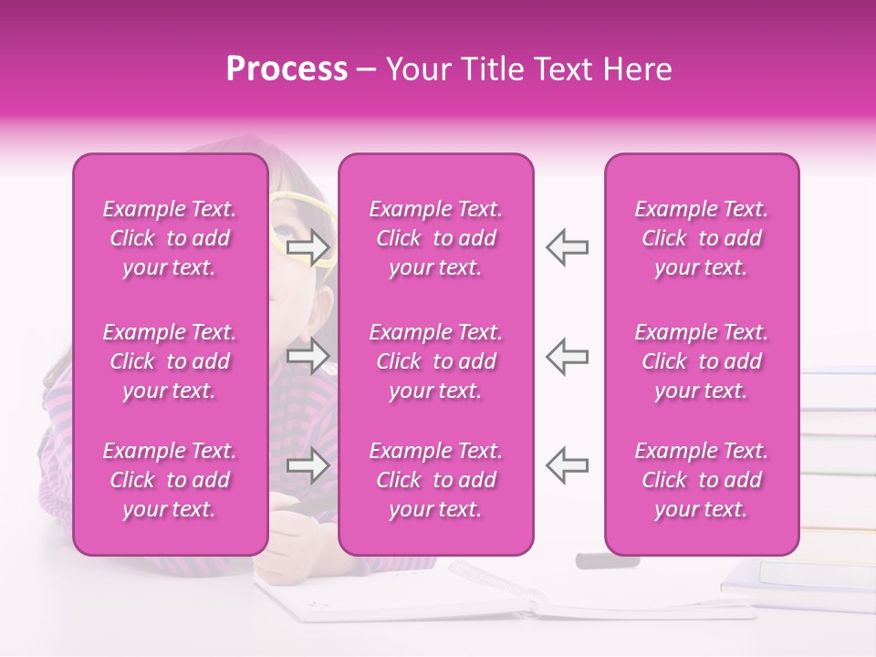 A Little Girl Sitting At A Table With A Pile Of Books In Front Of Her PowerPoint Template