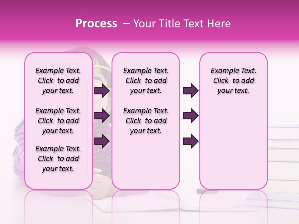 A Little Girl Sitting At A Table With A Pile Of Books In Front Of Her PowerPoint Template