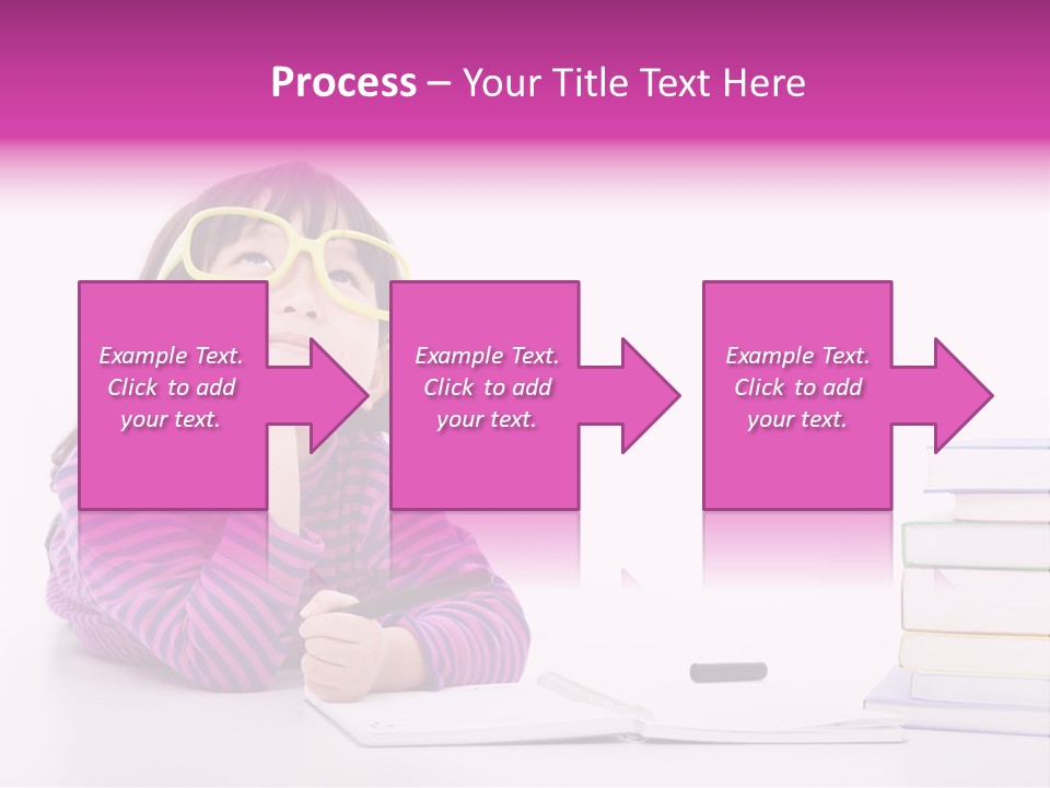 A Little Girl Sitting At A Table With A Pile Of Books In Front Of Her PowerPoint Template