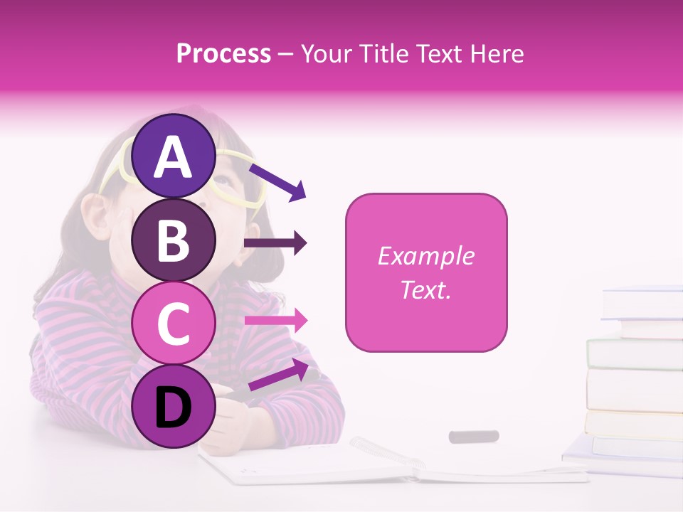 A Little Girl Sitting At A Table With A Pile Of Books In Front Of Her PowerPoint Template