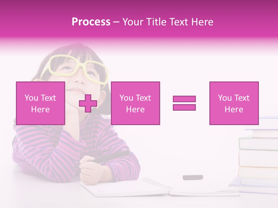 A Little Girl Sitting At A Table With A Pile Of Books In Front Of Her PowerPoint Template