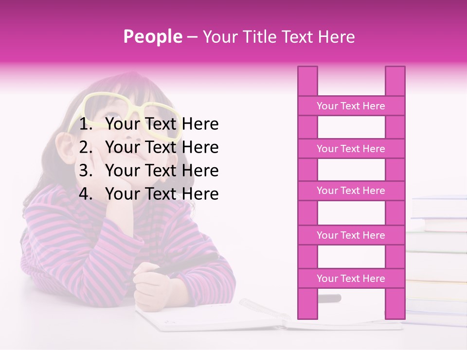 A Little Girl Sitting At A Table With A Pile Of Books In Front Of Her PowerPoint Template
