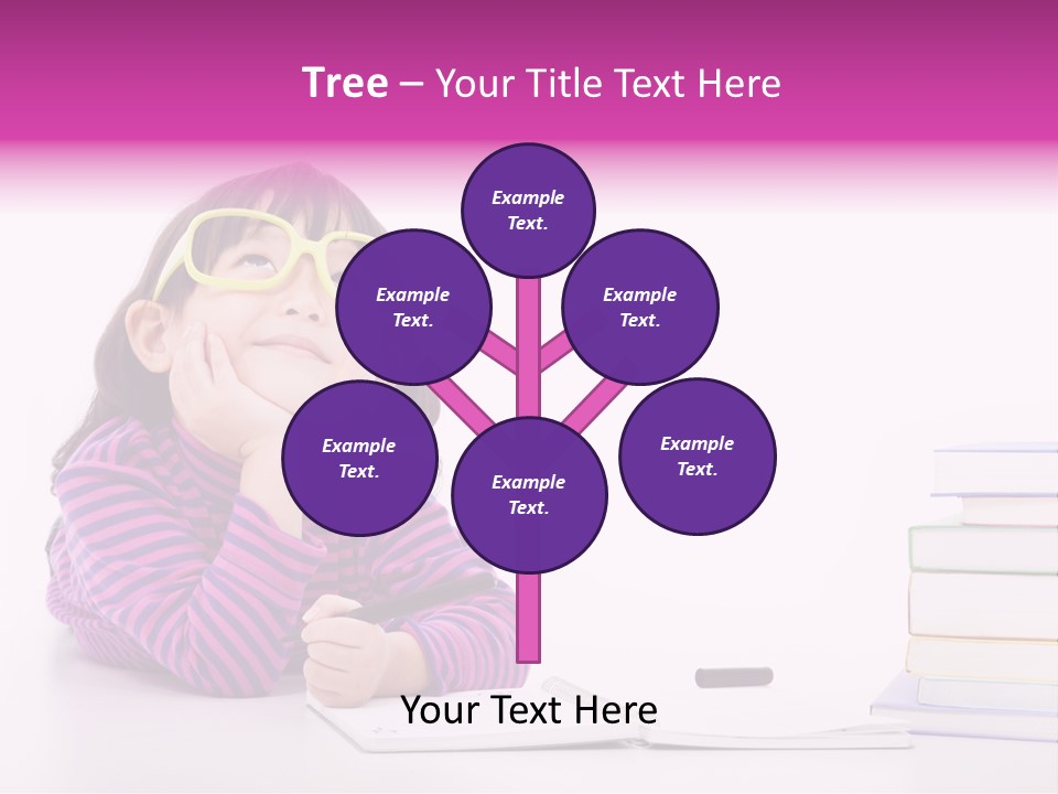 A Little Girl Sitting At A Table With A Pile Of Books In Front Of Her PowerPoint Template