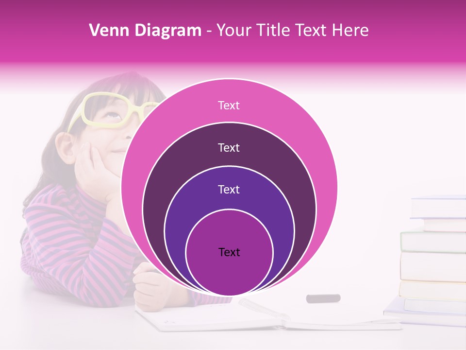 A Little Girl Sitting At A Table With A Pile Of Books In Front Of Her PowerPoint Template