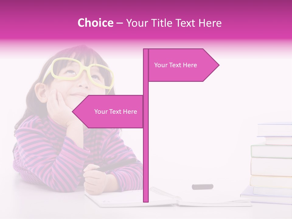 A Little Girl Sitting At A Table With A Pile Of Books In Front Of Her PowerPoint Template