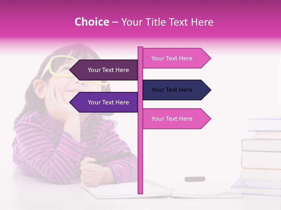 A Little Girl Sitting At A Table With A Pile Of Books In Front Of Her PowerPoint Template