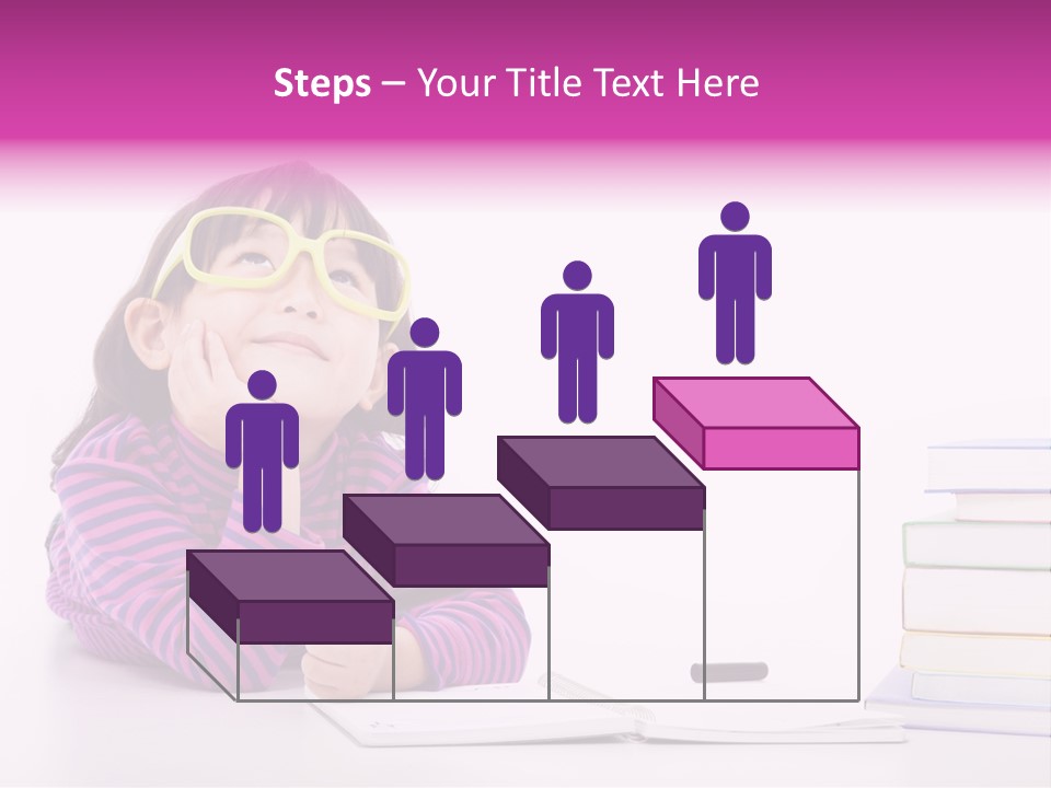 A Little Girl Sitting At A Table With A Pile Of Books In Front Of Her PowerPoint Template