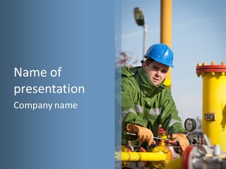 A Man In A Hard Hat Working On A Pipe PowerPoint Template