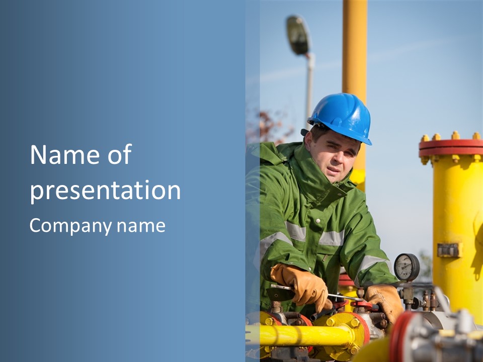 A Man In A Hard Hat Working On A Pipe PowerPoint Template