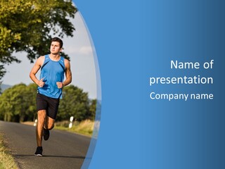 A Man Running Down A Road With Trees In The Background PowerPoint Template