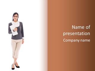 A Woman Standing With A Piece Of Paper In Her Hand PowerPoint Template